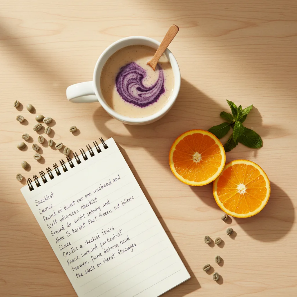 Healthy morning routine flat-lay with wellness checklist, fresh botanicals and coffee supplement